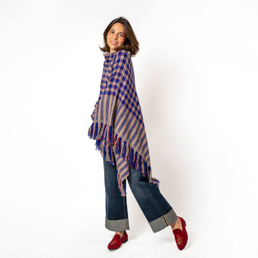 Poncho Cashmere Checks Peacock