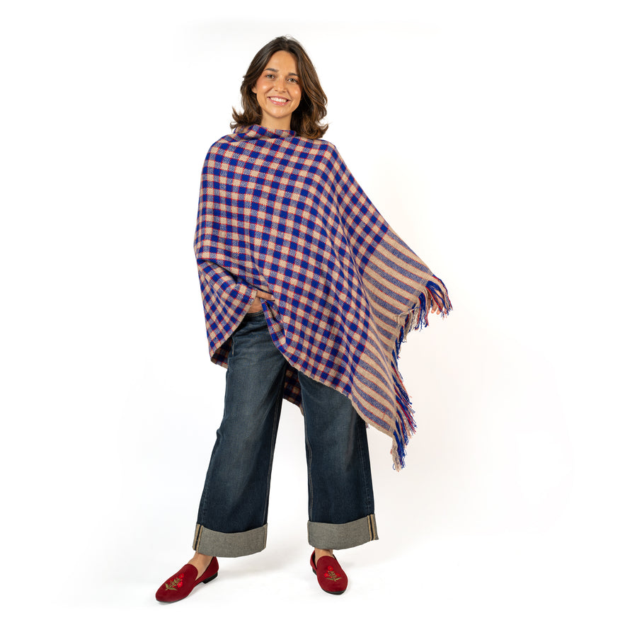 Poncho Cashmere Checks Peacock
