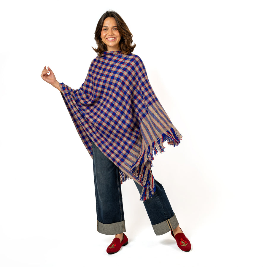 Poncho Cashmere Checks Peacock