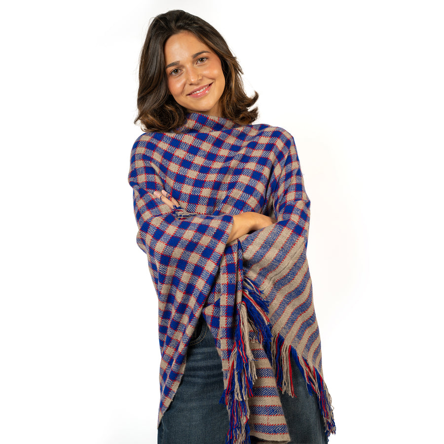 Poncho Cashmere Checks Peacock