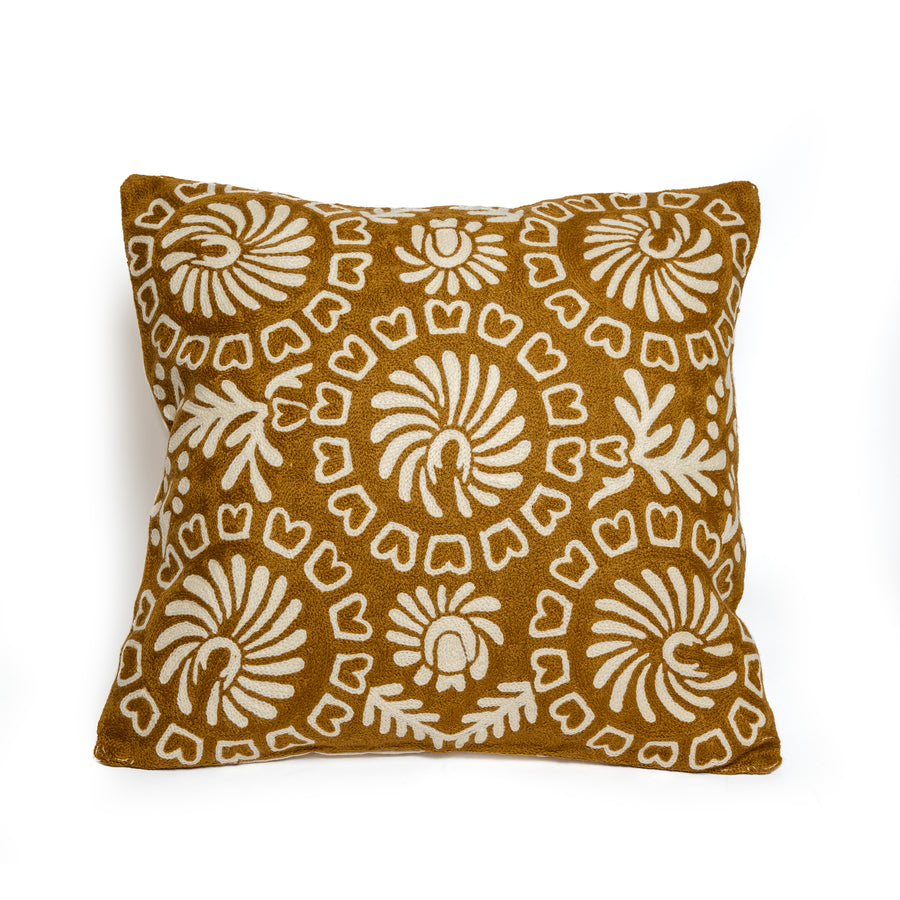 Cojín bordado Rosetones Mostaza