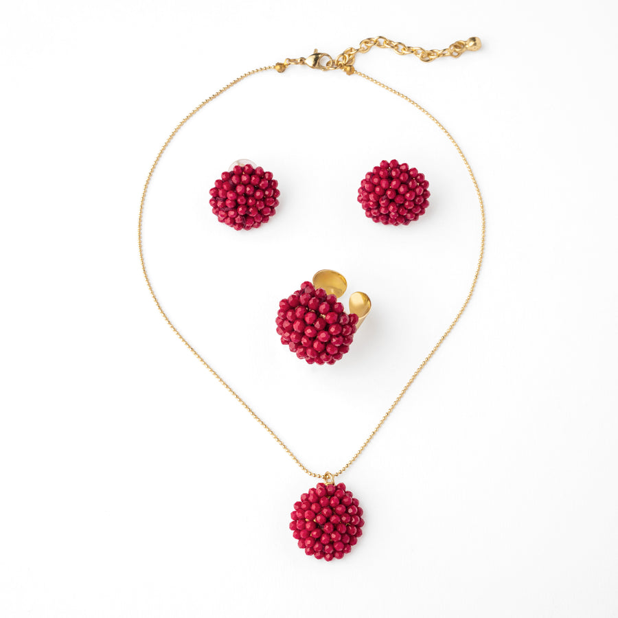 Colgante, pendientes y anillo Mora Maroon