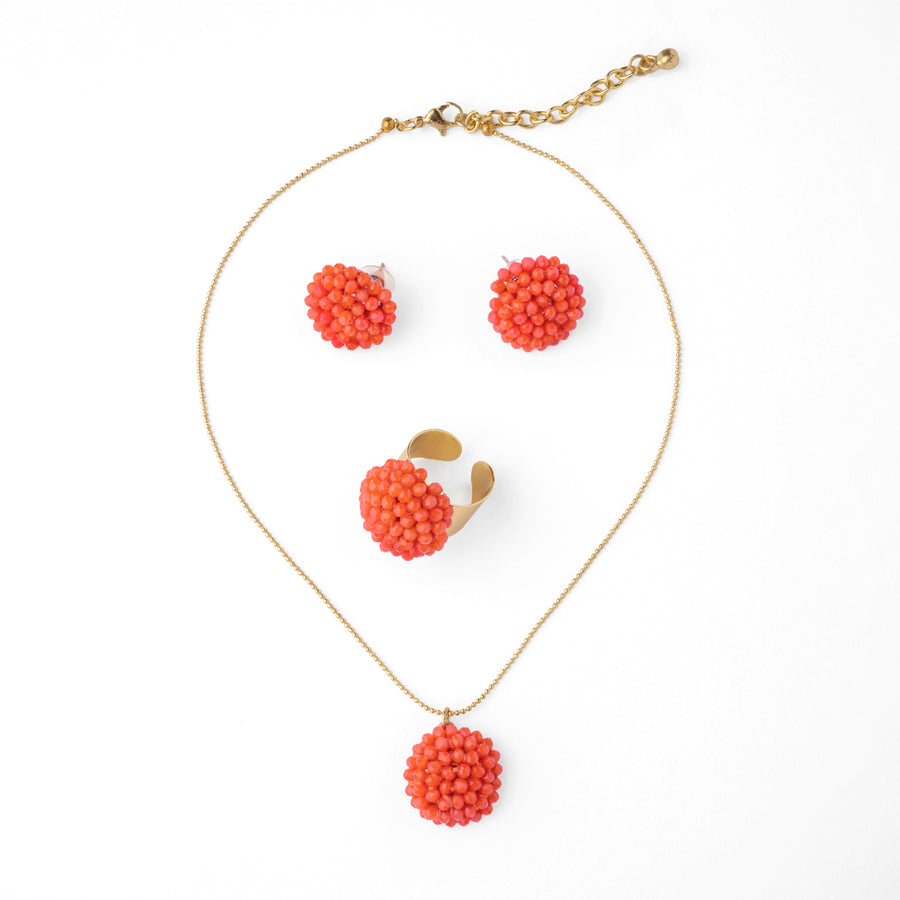 Colgante, pendientes y anillo Mora Naranja Coral