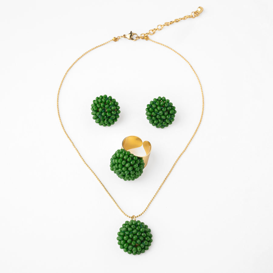 Colgante, pendientes y anillo Mora Leaf Green