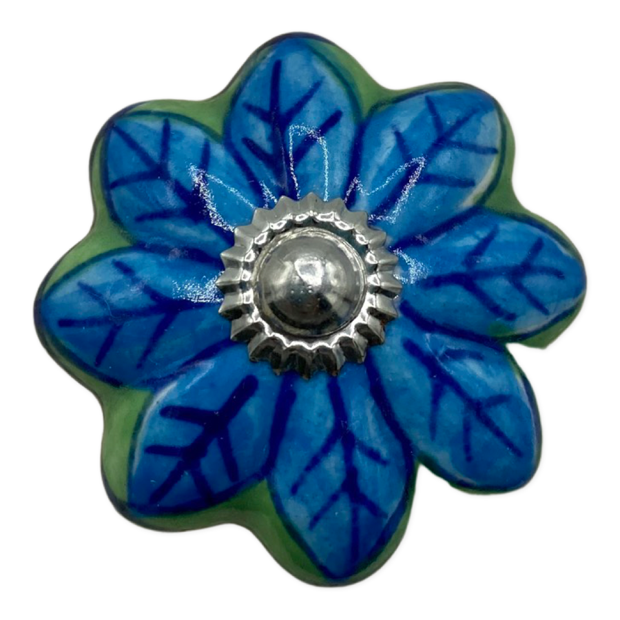 Pomo cerámica verde flor azul